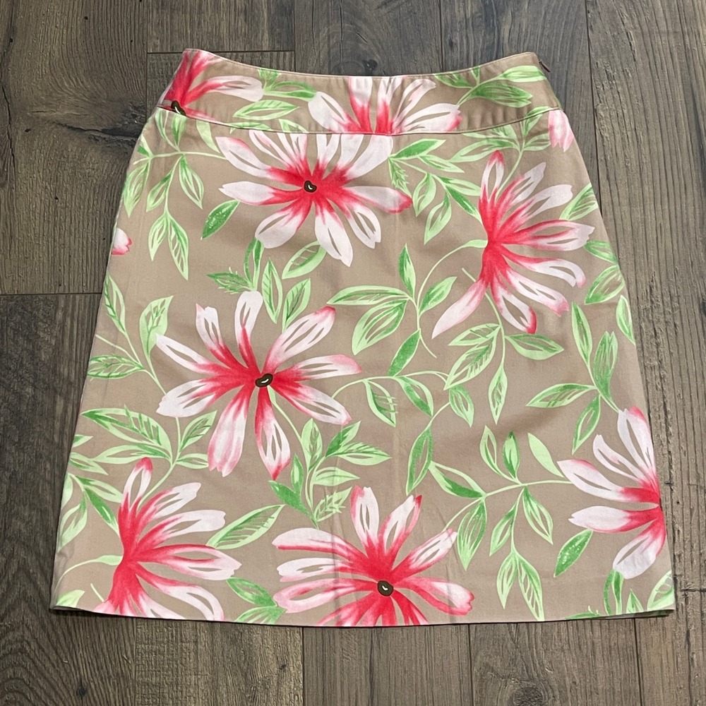 Talbots Petites Floral A-Line Skirt Tan Pink Green Cotton Stretch Size 4P USA